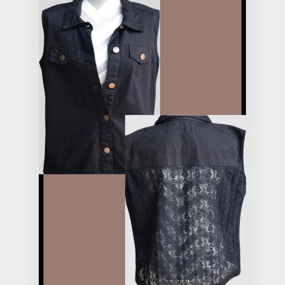 🕶Black Denim vest with lace detail on back - Picture 4 of 13